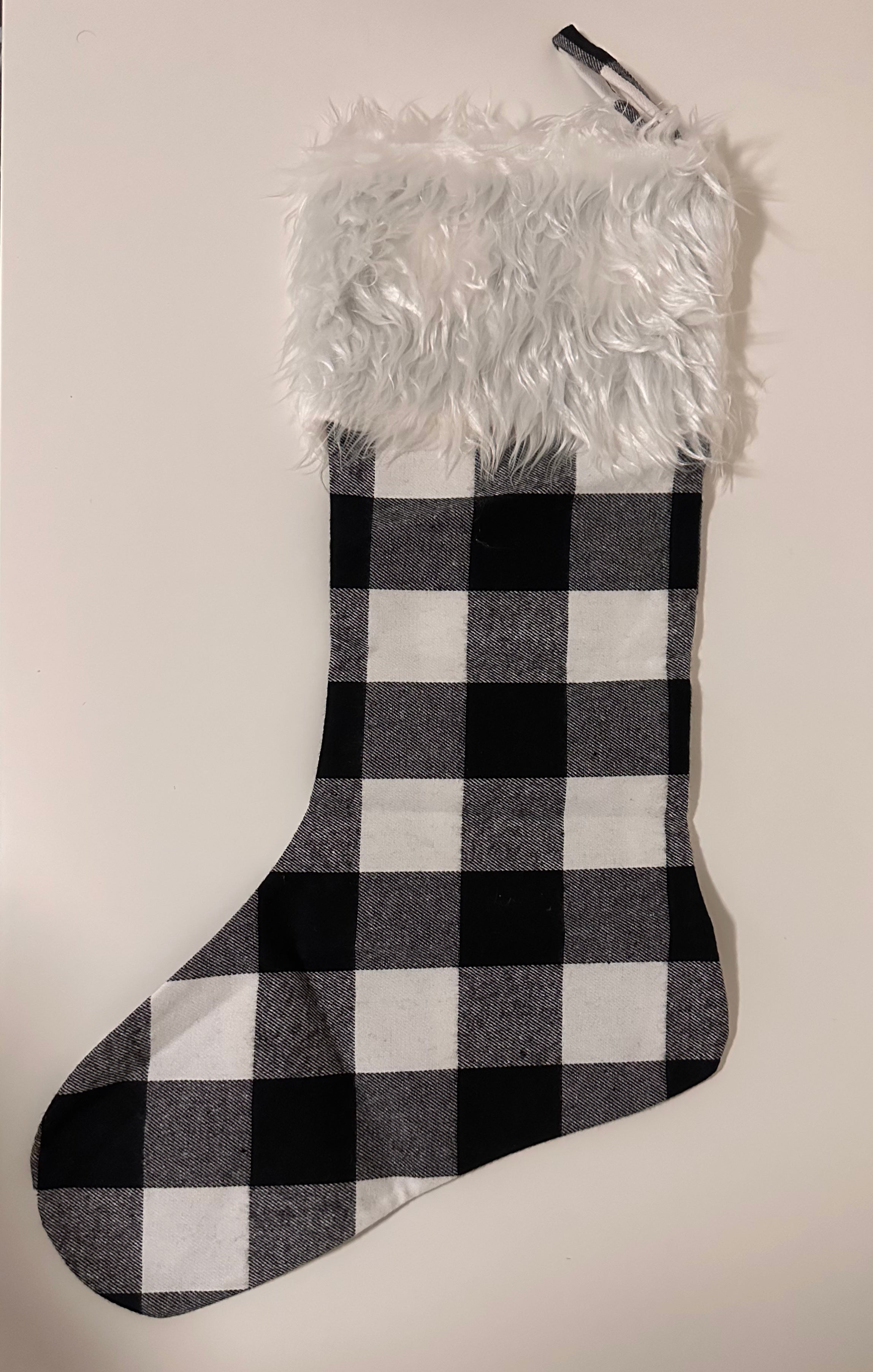 18" Buffalo Plaid Christmas Stockings with Plush Faux Fur Cuff (Black & White)