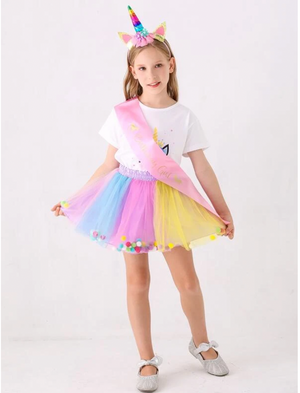 Colorful Unicorn Birthday Outfit w. Headband and Sash