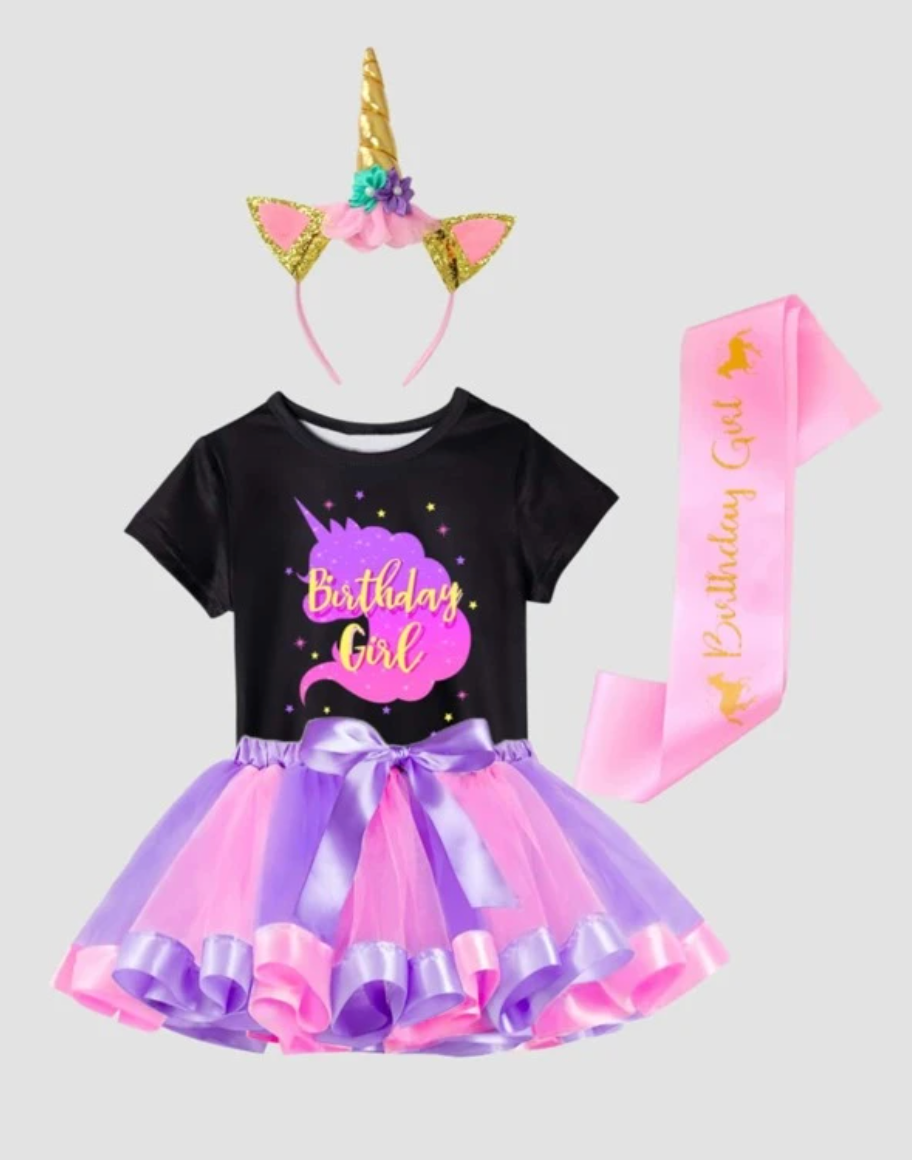 Pink and Purple Unicorn Birthday Outfit w. Headband and Sash