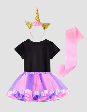 Pink and Purple Unicorn Birthday Outfit w. Headband and Sash